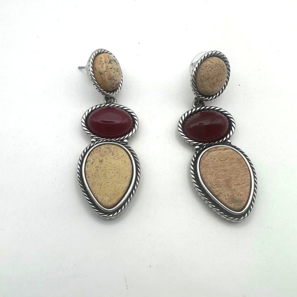 Western Style Earring Silver tone Tan Red Braided Dangle Drop Coastal Cowgirl